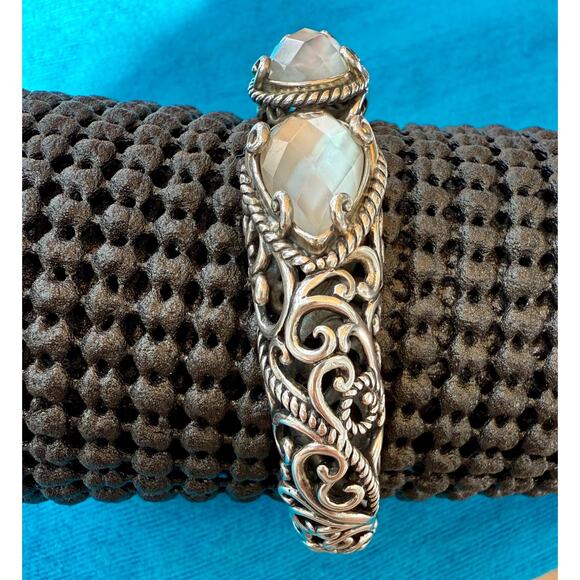 Carolyn Pollack SS Cuff | MOP Quartz Doublet Ends | Scroll Design Hinged Bangle - Picture 5 of 7